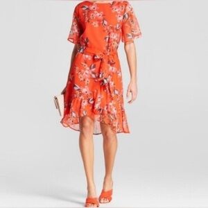 A new day Vibrant Coral Floral Ruffle Wrap Dress